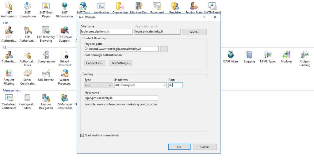 mapping a domain while creating a website in IIS